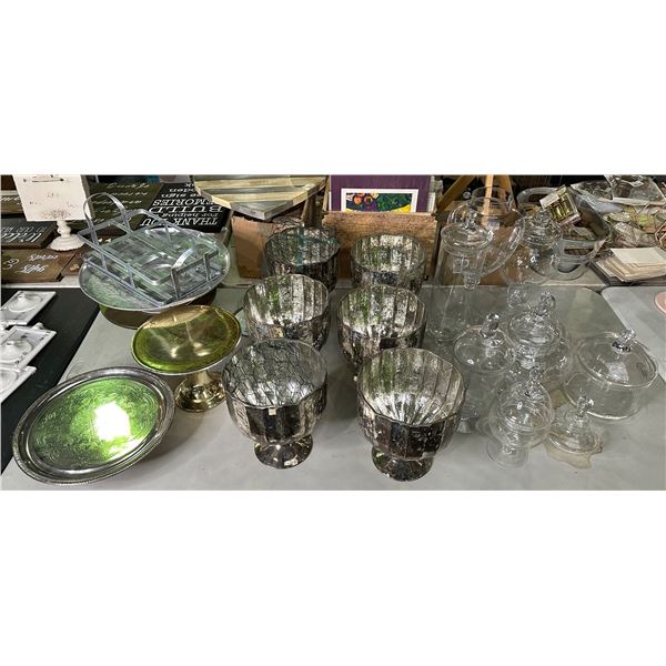 Group of assorted decor items including - candy jars w/lids, approx. 6 pedestal bowls, cake holders,