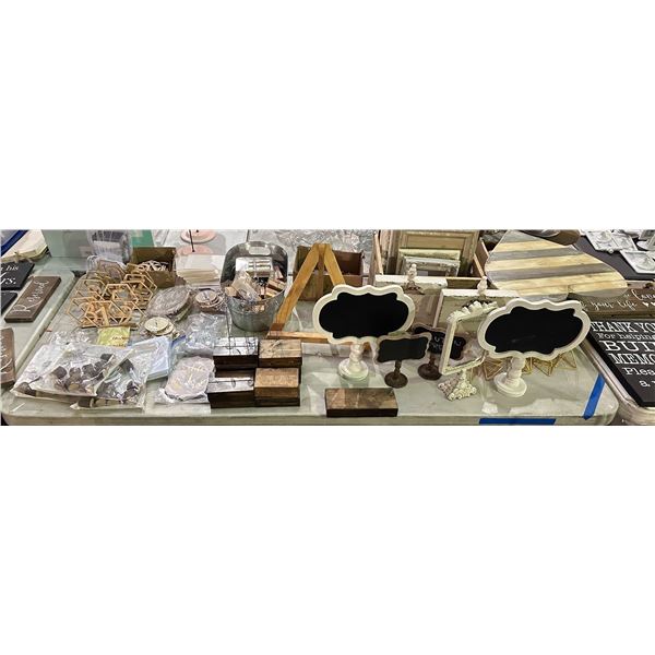 Group of assorted wedding signage including - picture frames, wooden sign holders, easel, wood heart