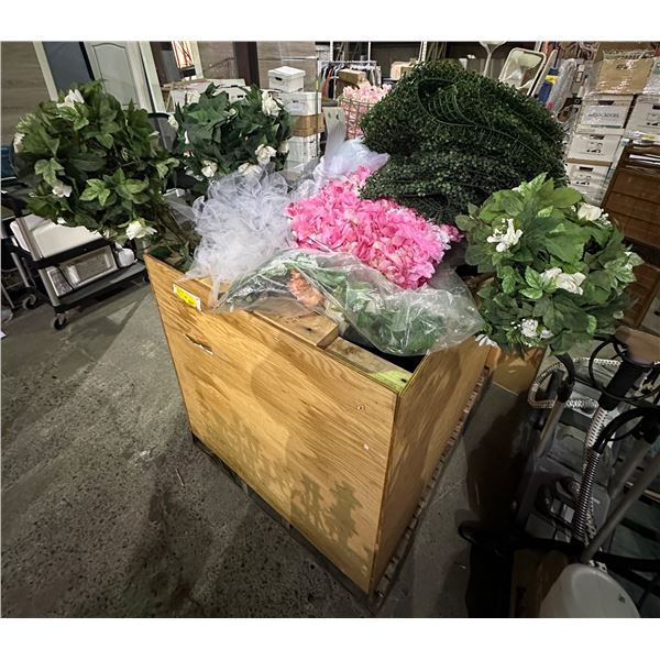 Pallet lot of misc. fake flower decorations, hedges, easel, signs, basket & other misc wedding decor