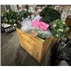Image 1 : Pallet lot of misc. fake flower decorations, hedges, easel, signs, basket & other misc wedding decor
