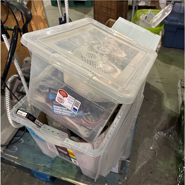 Group of misc items including bungee cords, steamer, heater, zip ties, wedding decor, box of Tintex 