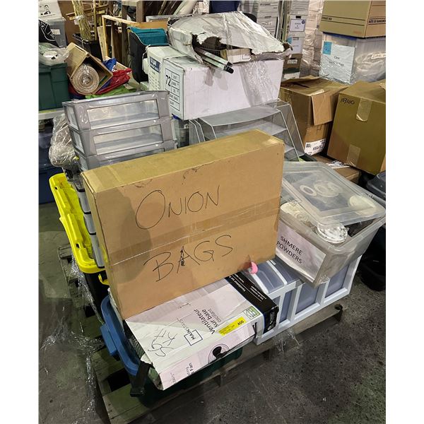 Pallet lot of misc. including -  storage bins, Mainstays ventilator, onion bags table, iron board, g