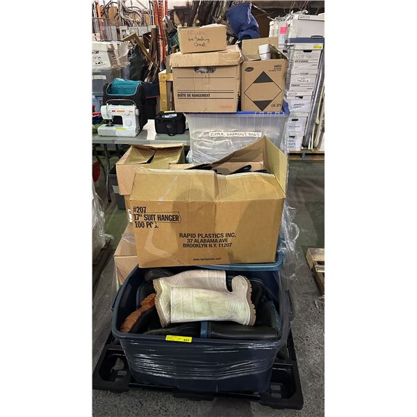Pallet lot of misc. including - zipper garment bags, boot/shoes, suit hangers, hangers, picture fram