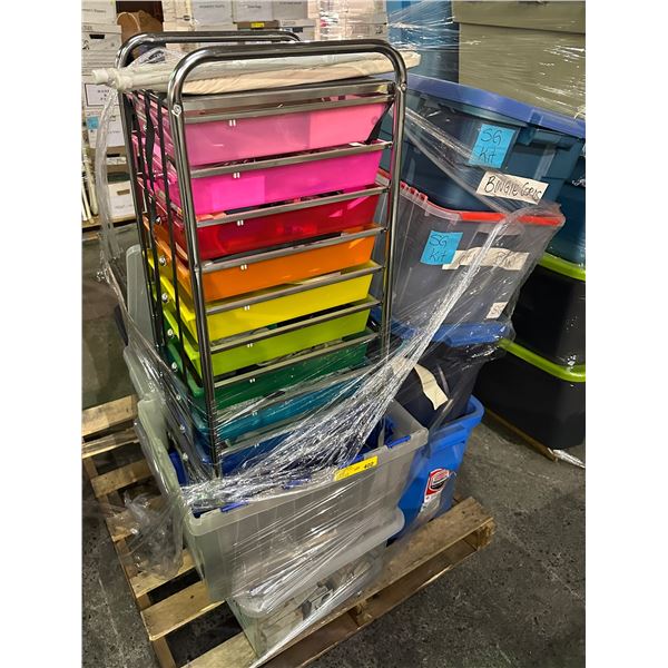 Pallet lot of misc. including - tintex die, storage bins, file holders, bungee cords, etc...