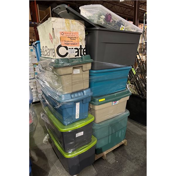 Pallet lot of misc. including - rose centrepiece, white planters, vase floral, storage bins, etc...