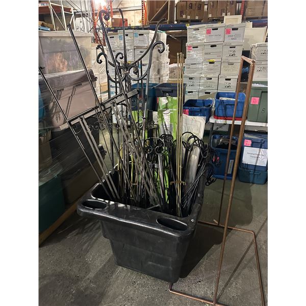 Large bin of misc. including - easels, 240 LED blossom flower tree, planter holders, etcs...