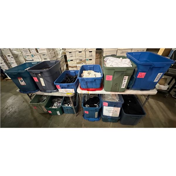 Large group of assorted bins including - a bin full of tank tops (various sizes), hangers, bras, pla