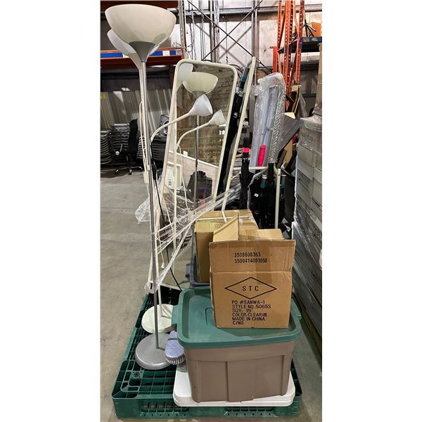 Pallet lot of misc. items including - golf bag, hangers, stand up mirrors, 2 stand up lamps, umbrell