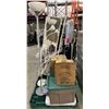 Image 1 : Pallet lot of misc. items including - golf bag, hangers, stand up mirrors, 2 stand up lamps, umbrell
