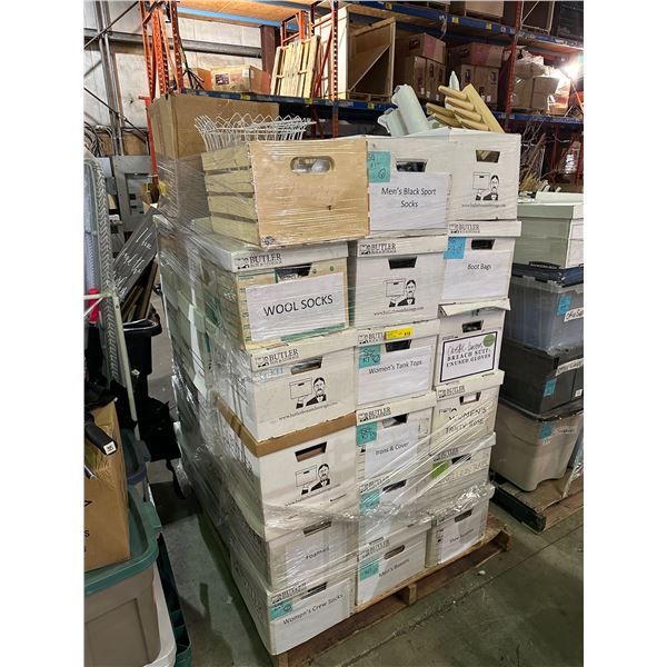 Pallet lot of misc. items including - wool socks, iron & covers, jewellery trays, shoe supplies, wom
