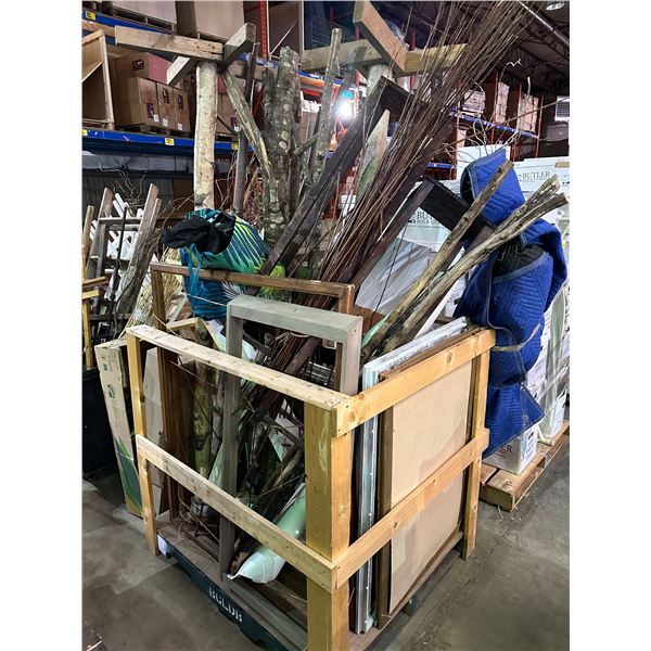 Large pallet of misc. items including - wood frames, wooden sticks, etc...