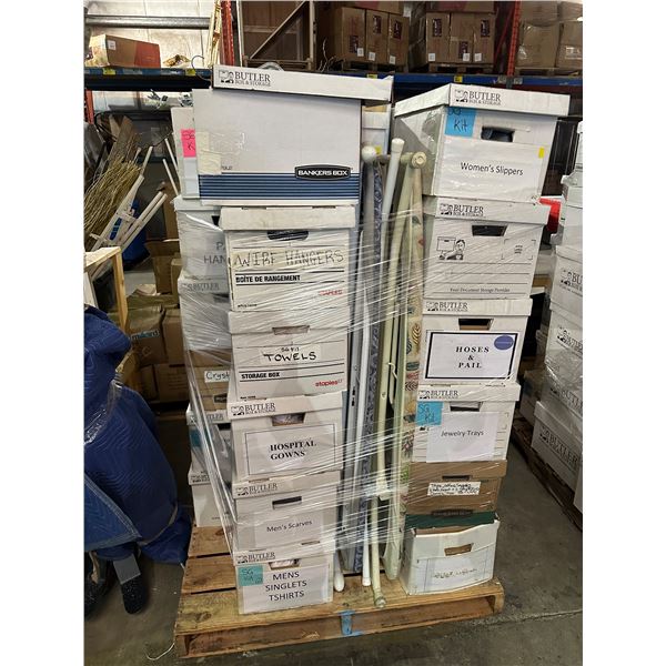 Pallet lot of misc. items including - hospital gowns, towels, wire hangers, jewelry trays, women's s