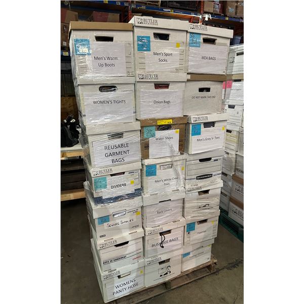 Pallet lot of misc. items including - sewing supplies, busy bee bags, women pantyhose, rack covers,