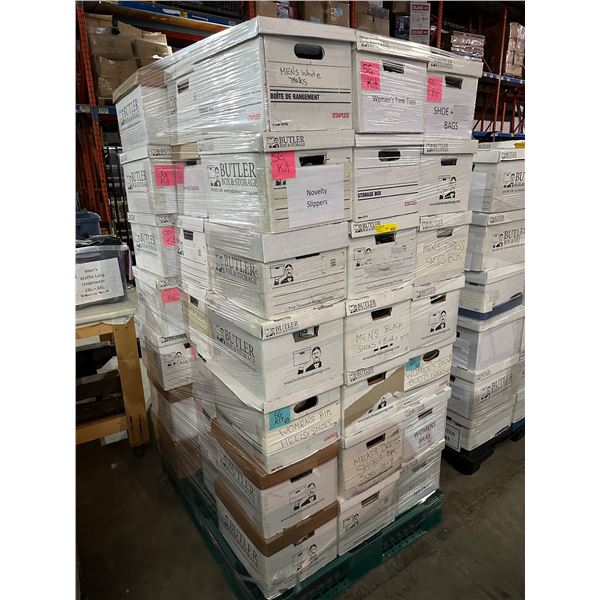 Pallet lot of misc. items including - men's black shoes & boots, women's heels & shoes, aprons, men'