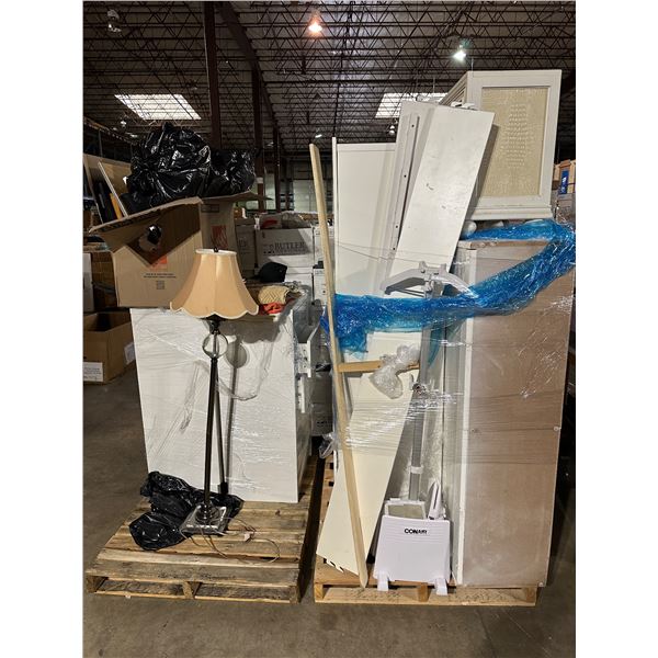 2 Pallets lot of misc. items including - 2 5 drawers white chest, lamp w/shade, white cabinets, Cona