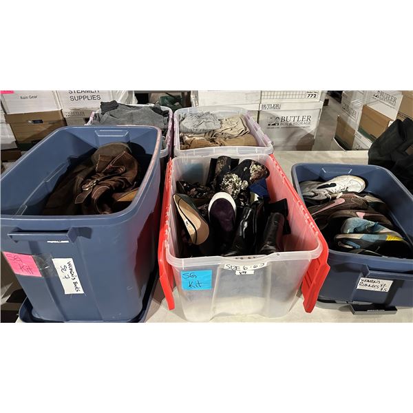Group of bins including - 3 bins of shoes & 2 bins of misc. clothing