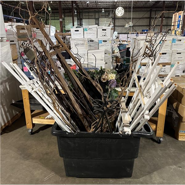 Large bin of decor sticks, tall wood & metal easels, etc...