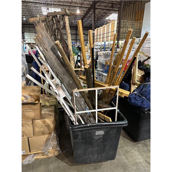 Large bin of easels, ladder, decor sticks, signs, etc...