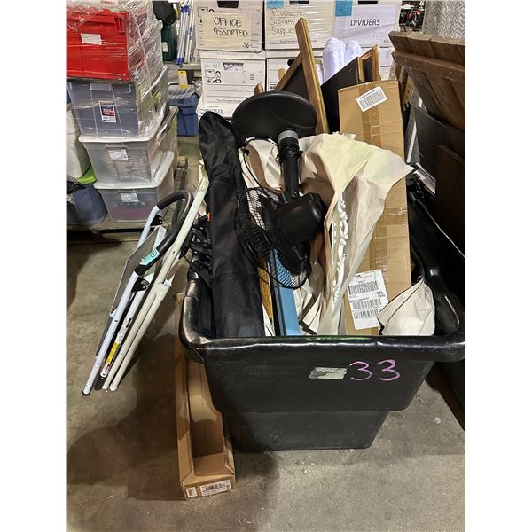 Large bin of fan, frames, signs, mountdog lighting, rolls of fabric, etc...
