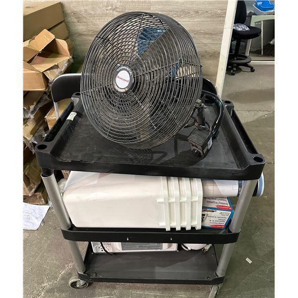 Commercial grade rolling cart, Honeywell fan, garbage bins, danby microwave, chairs, etc...