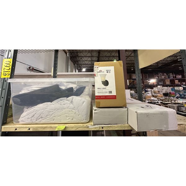 3 shelves of white/beige chair seat covers, wedding aisle runaway, wall lamp oil rubbed bronze finis