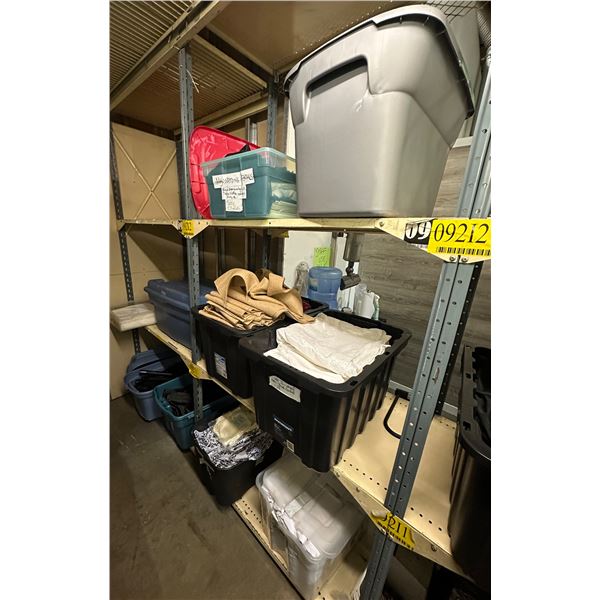 5 shelves of white & black chair cover, sashes, table runner, fabric pieces, etc...