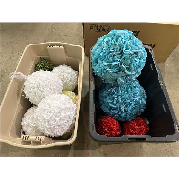 Group of 2 bins full of various colour artificial flower balls