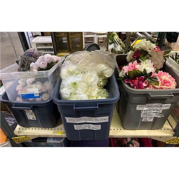 Group of 3 bins full of floral balls, artificial flowers, red rose, etc...