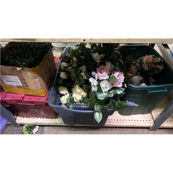 Group of 3 bins of artificial flowers & fake hedge