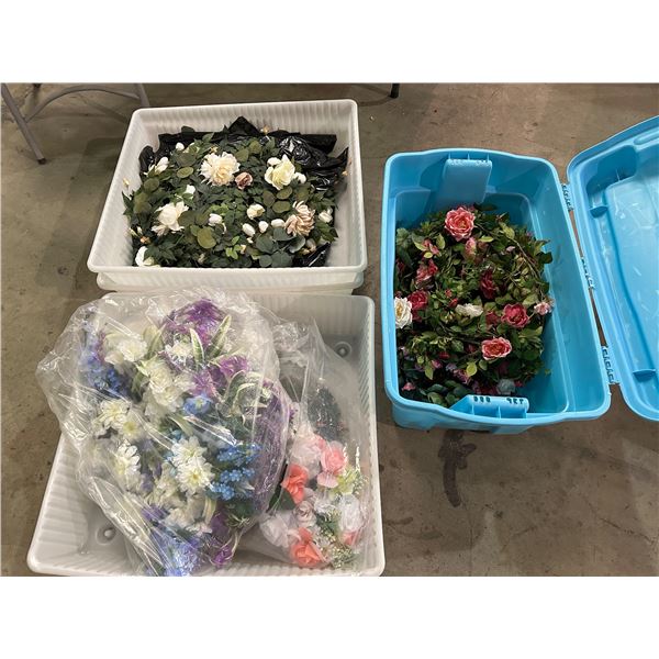 Group of 3 bins of artificial flowers & vines