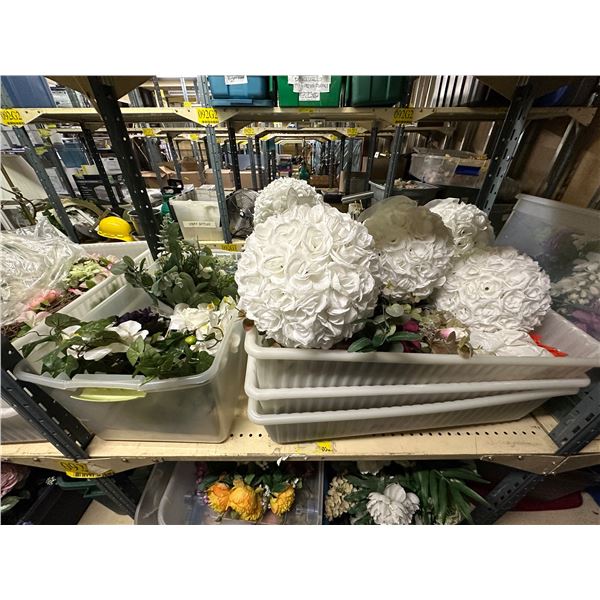 Group of 4 bins of artificial flowers & flower balls