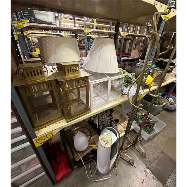 Group of misc. decor items including - lantern, candle stick holders, Honeywell heater, signs, flowe