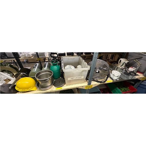 Group of misc. items including - dumbbells, construction hat, spray bottles, 2 Stanley tool boxes, p