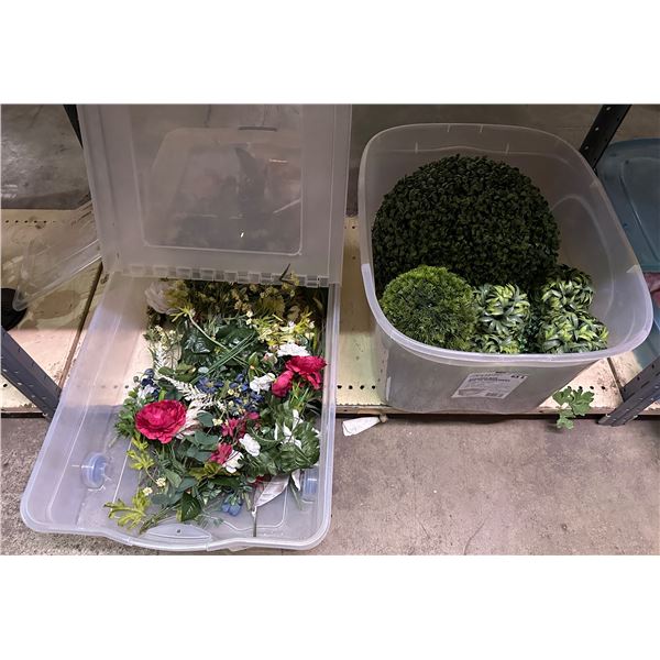 Group of 2 bins of artificial flowers & shrubs