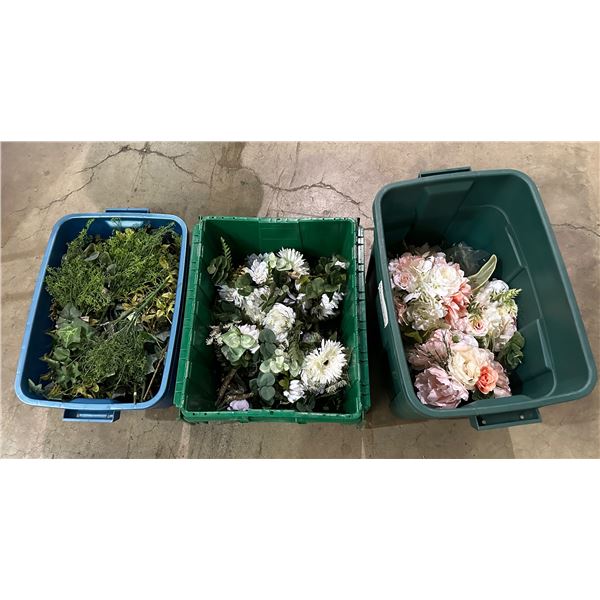 Group of 3 bins of artificial flowers, ferns, etc...
