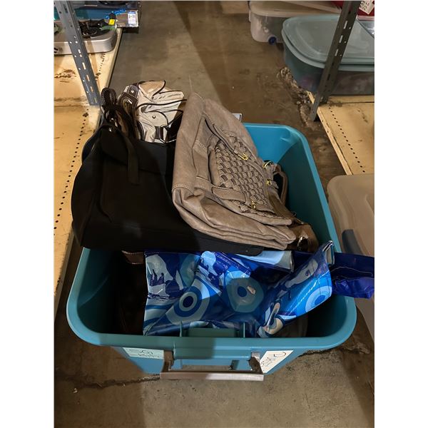 Bin of full of bags, purses, reusable bags, etc...
