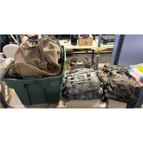 Group of military bags, US army bags, tarps, etc...
