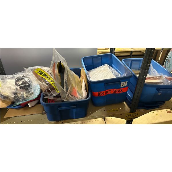 3. bins of misc items including - flags, sewing kit, painting gear, whisky glasses, misc paperwork,