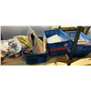 Image 1 : 3. bins of misc items including - flags, sewing kit, painting gear, whisky glasses, misc paperwork, 