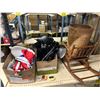 Image 1 : Group lot of misc items including - lamps, rocking chair, basket, flag, misc office supplies, etc...