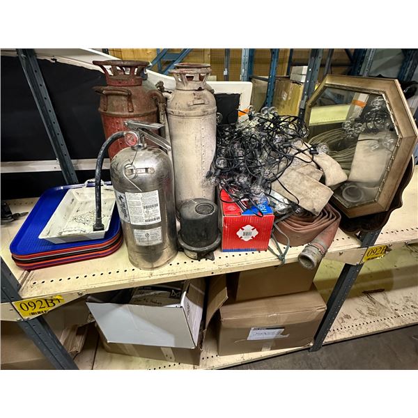 Group of misc items including - string lights, vintage fire extinguisher, cafeteria trays, mirror, d