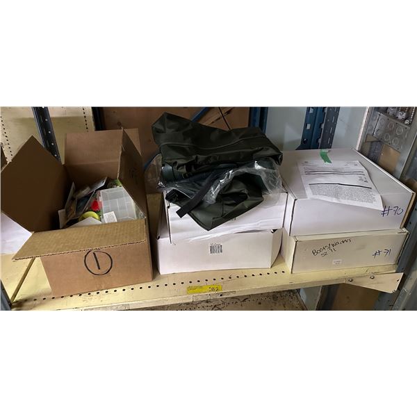 Group of 2 70D hip waders size 11 & box of misc. fishing gear, fishing hooks, etc...