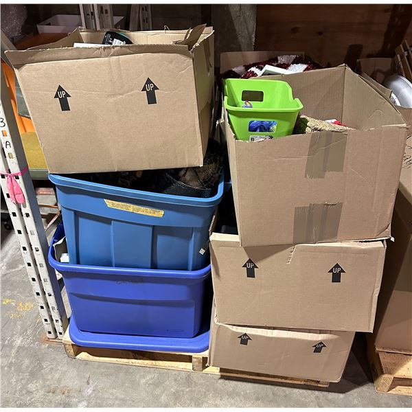 Pallet of misc items including - gloves, umbrella, coin wrappers, holiday decorations, clock, misc h