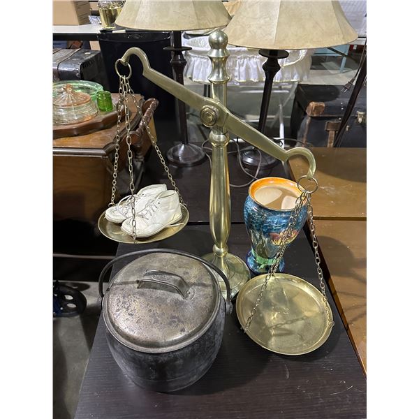 Group of misc items including - decorative vase, Vintage large scales of justice, Covered nickel bea