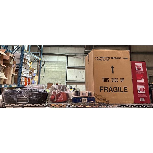 Shelf lot of misc items including - cotton candy maker, tray food dehydrator, rope lights, home thea