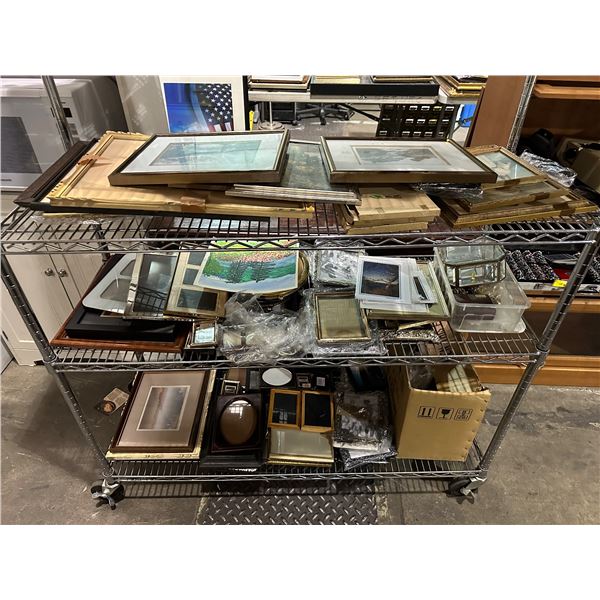 3 shelves of misc pictures, framed pictures, frames, etc...