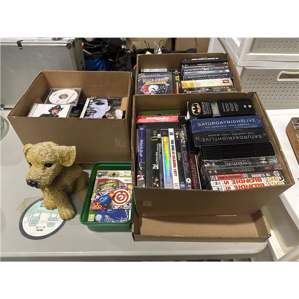 3 Boxes of various cds, dvds, dog, etc...