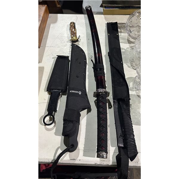 Group lot of samurai swords, knives, machetes, etc...