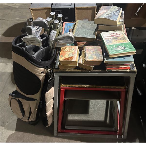 Group of misc items including - golf club bag w/few clubs, fitness platform box, vintage 1930's era 