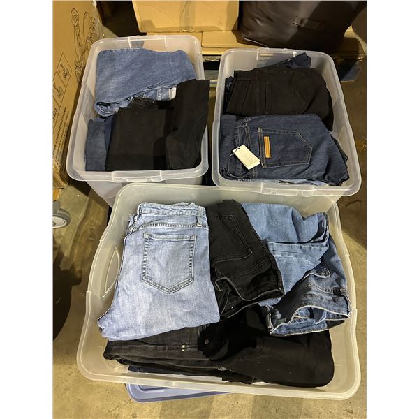 3 bins full of various sized jeans